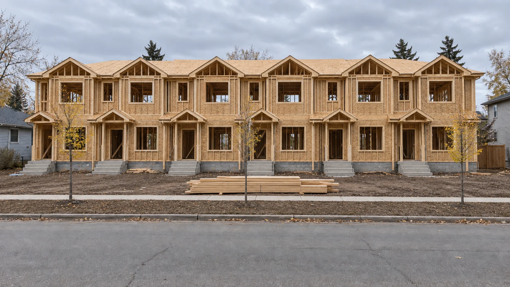 The same six-home concept at the timber framing stage